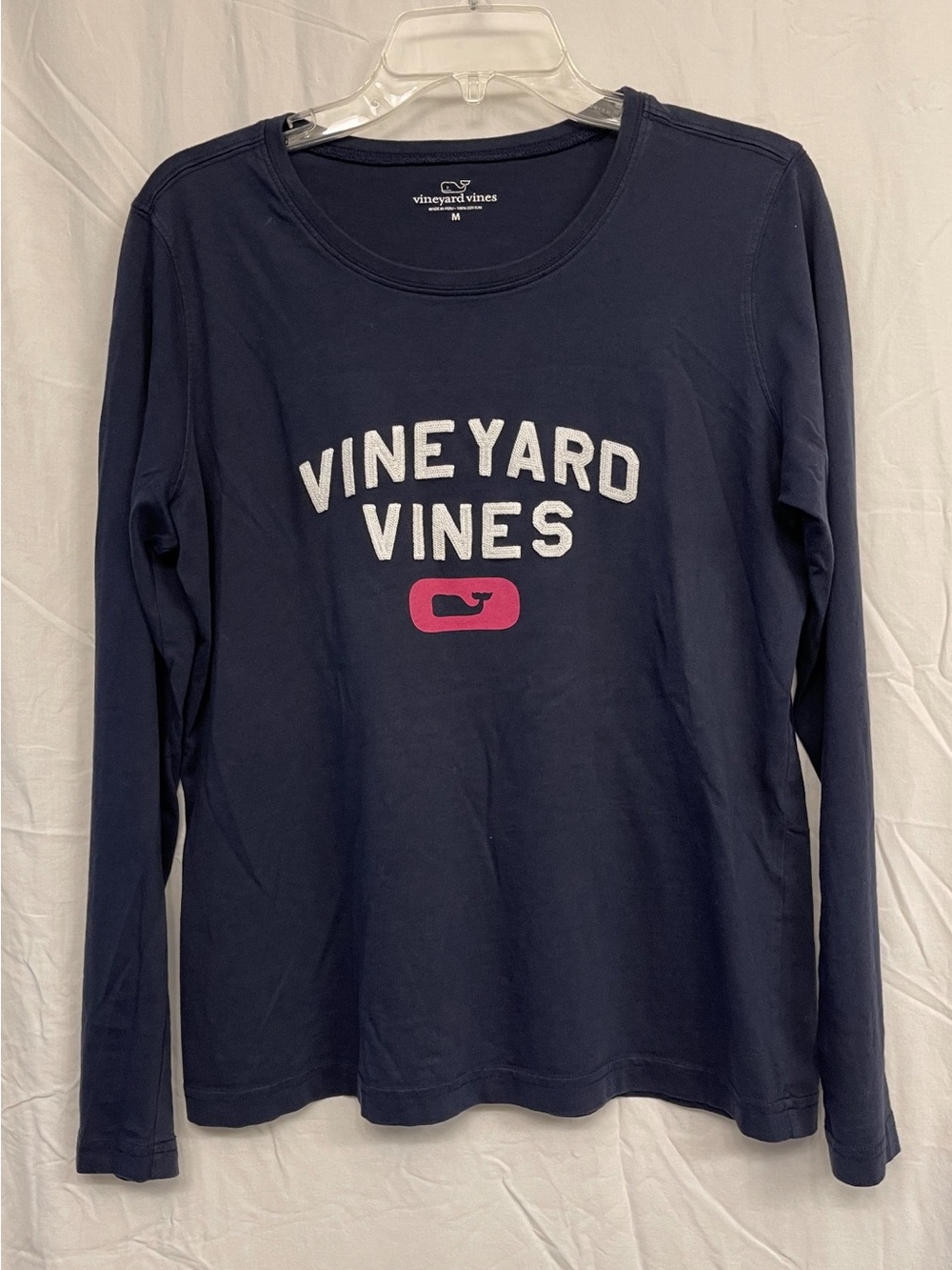Vineyard Vines Navy Long-Sleeve Logo Tee with Pink Whale